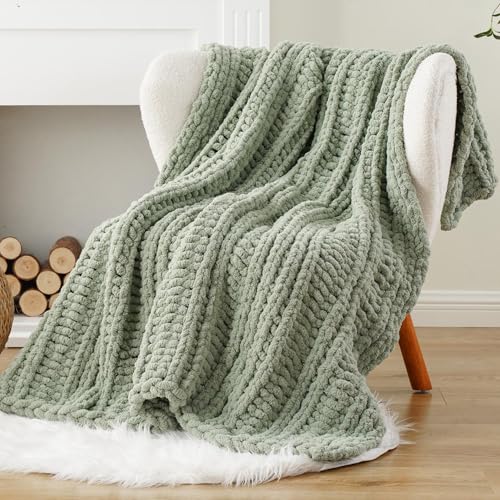Battilo Chunky Knit Throw Blanket for Couch, 50"x60", Sage Green | Sage Blanket Hand Knit Cozy Warm Thick Soft Chenille Throw Blanket for Bed, Sofa, Chair, Living Room - color: Sage Green