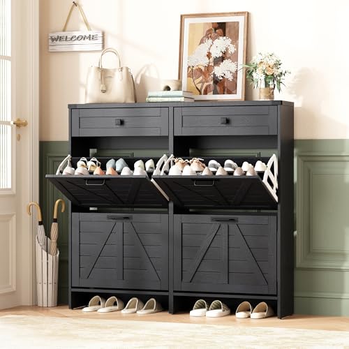 Halitaa Shoe Cabinet with 4 Flip Drawers & 2 Drawers,Farmhouse Shoe Storage Cabinet for Entryway,Slim Freestanding Organizer Rack for Front Door Entrance,Black - color: Black, style: 4-Drawers