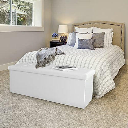 Camabel 43 Inch Folding Storage Ottoman Bench 120L Hold up 700lbs Ottoman with Storage Chest Foam Seat Padded Foot Rest Stool Faux Leather Bedroom Bench Coffee Table White - color: White