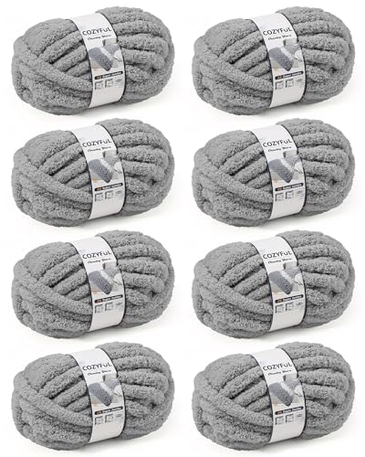 Cozyful Chunky Yarn for Hand Knitting, #9 Thick Jumbo Big Chunky Yarn for Crocheting, Super Chunky Knit Blanket Yarns, Large Chunky Chenille Yarns, 8 Pack (30 yds 8 oz Each Skein), Light Grey - color: Light Grey