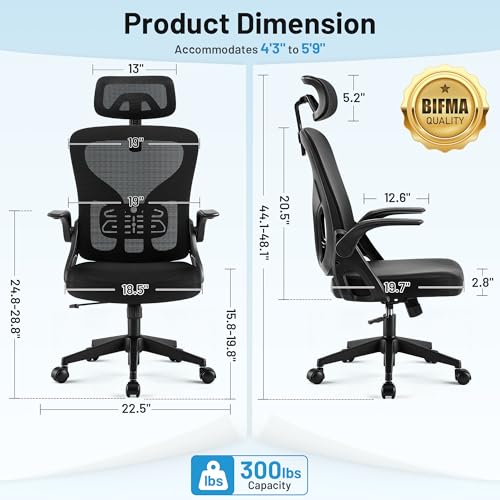 Office Chair Ergonomic Desk Chair with Adjustable Headrest Lumbar Support, High Back Breathable Mesh Chair with 120° Tilt & Flip-Up Armrests, Swivel Comfy Task Computer Chair for Work, Study - color: Black
