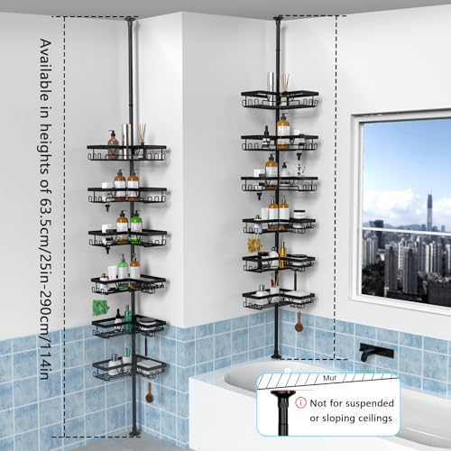 KEGII Corner Shower Caddy Tension Pole, 6-Tier Bathroom Organizer, Black | Floor to Ceiling Design with Rustproof Waterproof Finish, Adjustable 25-114.2 inch Pole for Shampoo, Towels and Essentials