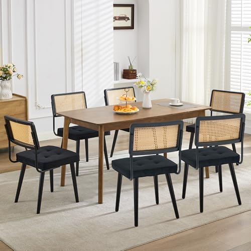 GarveeHome Natural Rattan Dining Chairs Set of 4, Velvet Upholstered Kitchen Chairs with Tall Cane Backrest and Strong Wood Legs for Dining Room, Kitchen, Restaurant, Black - color: Black, size: 4 PCS