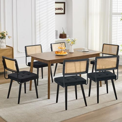 GarveeHome Natural Rattan Dining Chairs Set of 4, Velvet Upholstered Kitchen Chairs with Tall Cane Backrest and Strong Wood Legs for Dining Room, Kitchen, Restaurant, Black - color: Black, size: 4 PCS