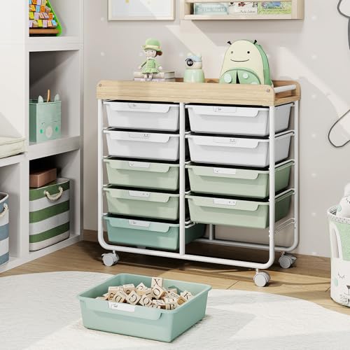 10 Drawer Rolling Storage Cart with Wood Top for Classroom Crafts Green | Easy Setup, Large Capacity, Sturdy Build, Lockable Mobility, For office, classroom and home supplies - color: Green