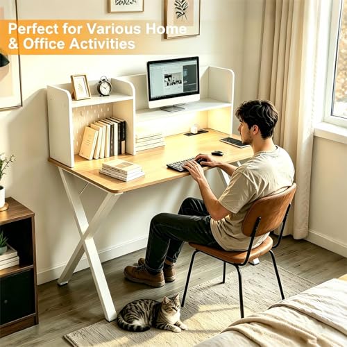 Lightdot 44"×24" White Computer Desk with Motion Sensor Light, Home Office Gaming Desk with Charging Station Pegboard, Modern Study Desk for Work Bedroom Game Kids Room Living Room - color: White/Natural
