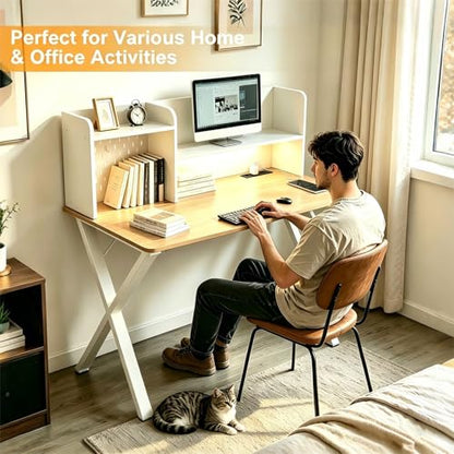 Lightdot 44"×24" White Computer Desk with Motion Sensor Light, Home Office Gaming Desk with Charging Station Pegboard, Modern Study Desk for Work Bedroom Game Kids Room Living Room - color: White/Natural