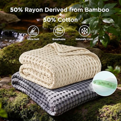 Bedsure Cooling Cotton Waffle Throw XL Blanket - Lightweight Breathable Blanket of Rayon Derived from Bamboo for Hot Sleepers, Natural, 50x70 Inches - color: 01 - Natural, size: Throw XL (50" X 70")