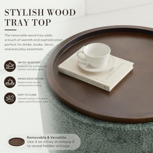 Zihanhome 30" Round Chenille Storage Ottoman Coffee Table with Removable Tray Top, Large Hidden Storage Ottoman, Solid Wood Legs for Living Room, Bedroom, Apartment (Moss Green) - color: Moss Green