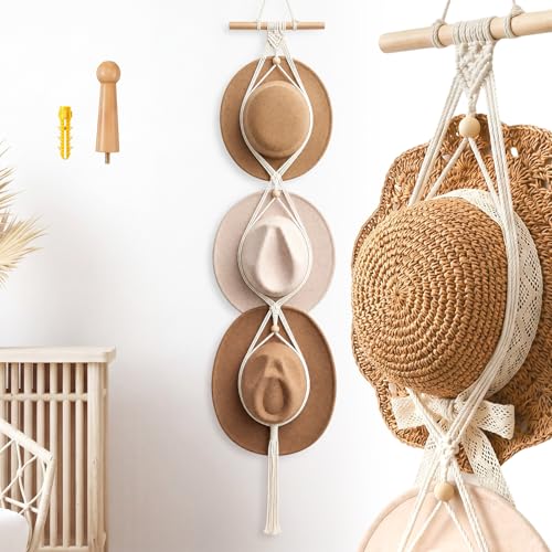 Macrame Hat Hangers Racks Boho Cowboy Hats Holders Western Display Organizer Storage decor Back of Door for Wall (White,Three Hats Style) - color: White, style: Three Hats Style