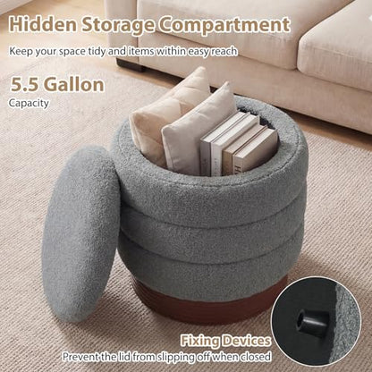 Giantex Round Ottoman with Storage, 360° Swivel Boucle Vanity Stool with Removable Lid, No Assembly Ottoman Foot Rest for Living Room, Bedroom, Makeup Room (Gray & Brown)