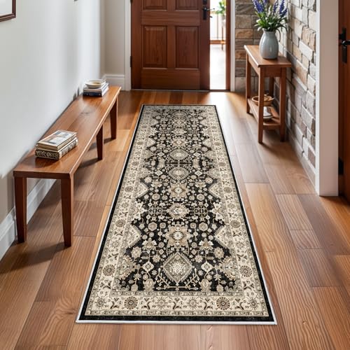 Washable Hallway Runner Rug 2x6: Non Slip Runner Rugs with Rubber Backing | Soft Kitchen Rug Farmhouse Distressed Carpet Runner for Living Room Bedroom Bathroom - Black and Green Rug Stain Resistant - color: Black, size: 2' x 6' (Rectangular)