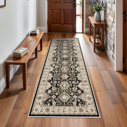 Washable Hallway Runner Rug 2x6: Non Slip Runner Rugs with Rubber Backing | Soft Kitchen Rug Farmhouse Distressed Carpet Runner for Living Room Bedroom Bathroom - Black and Green Rug Stain Resistant - color: Black, size: 2' x 6' (Rectangular)