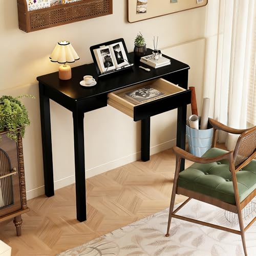 Solid Wood Desk with Drawers - 32 x 16 Inch Simple Narrow Desks, Rubber Wood Study Table, Small Writing Desk for Bedroom|Small Spaces - Modern Black Desks - color: Black, size: 31.5 in W x 15.7 in D