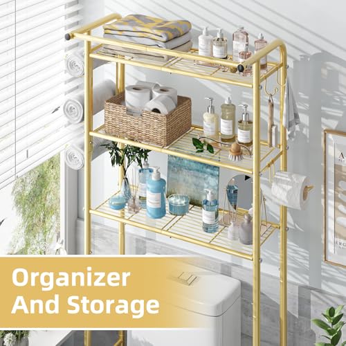 Simple Trending 3 Tier Over The Toilet Rack, Shelf Bathroom, Bathroom Stand Organizer Space Saver, Gold - color: Gold With Towel Rack