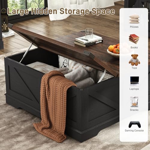 Hlivelood 40” Large Farmhouse Lift Top Coffee Table with Power Outlets and Large Hidden Storage, Square Wood Living Room Tables, Multi-Function Lift Wooden Barn Door Center Table, Black - color: Black