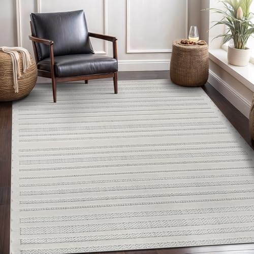 Modern Rug 5x7 Luxury Striped Line Micro Loop Area Rugs Soft High-Low Pile Stain Resistant Easy to Clean Non-Shedding Durable Living Room Bedroom Indoor Carpet (White) - color: Linear / White, size: 5' x 7' (Rectangular)