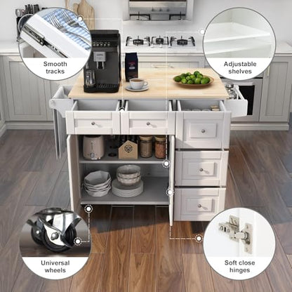 Mobil Kitchen Island Cart with Drop Leaf, Kitchen Cart Rolling Mobile Island with Wooden Countertop, Island Table for KitchenSpice Rack,Adjustable Shelves and Drawers, White