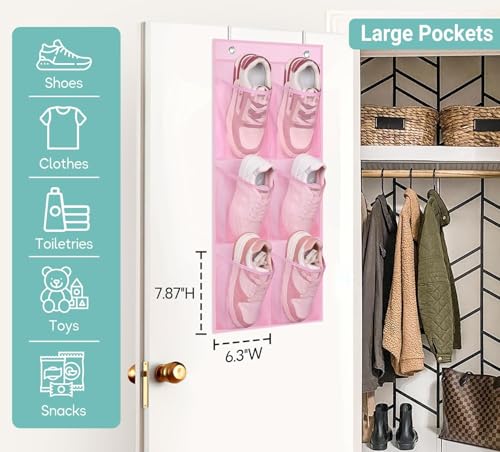 2 Packs Narrow Kids Over the Door/Wall Shoe Organizer Small Baby Hanging Shoe Rack for Closet with Clear Mesh Pocket Shoe Storage for Toddler Girl Bedroom, Bathroom, RV, Pantry, Camping (Pink) - color: Pink