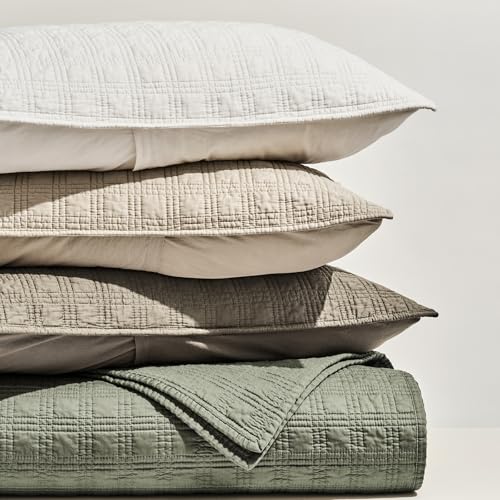 EVERGRACEHOME Cotton Sateen Windowpane Quilt Set King Size, Mocha Brown | 100% Cotton, Pre-Washed Soft Coverlet Bedspread, 3-Piece Lightweight Bedding Set for All Season, with 2 Pillow Shams - color: Mocha Brown - Windowpane, size: King (110" X 92")