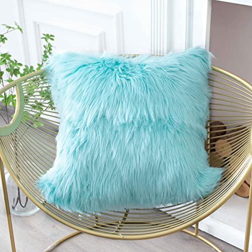 LIGICKY Luxury Series Teal Fluffy Faux Fur Throw Pillow Cover Decorative Soft Fuzzy Plush Square Pillow Case Cushion Cover for Couch Sofa Bed, 18" x 18" Blue - color: Light Turquoise, size: 18" x 18" (Pack of 1)