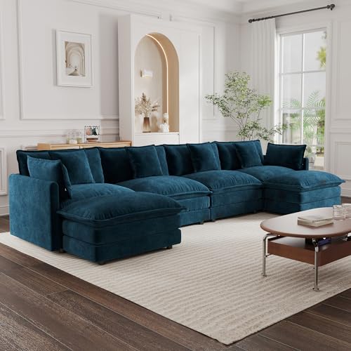 Modular Sectional Sofa, 146.5 Inch U Shaped Couch Set for Living Room, 4-Seater Comfy Cloud Couches with Two Movable Ottoman, DIY Combination, Chenille, Blue - color: Blue, size: 146.5 Inch- U