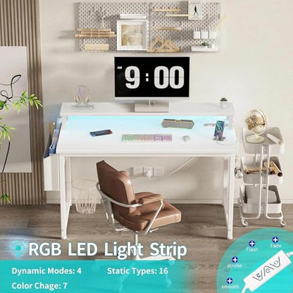 Lufeiya Small White Desk with LED Lights and Power Outlets, 32 Inch Home Office Computer Desks with Monitor Stand, Teen Writing Study Table Gaming Desk with Charging Station, White - color: White, size: 31.5"
