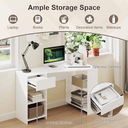 Tangkula White Desk with Storage Drawer & 4 Shelves, Space Saving Corner Desk for Small Spaces, Modern Home Office Laptop Workstation, Writing Study Table, Vanity Table for Bedroom (White)