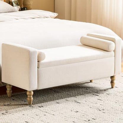 Large Storage Ottoman Bench, 45.7" Linen Upholstered Entryway Bench with Solid Wood Legs, End of Bed Bench, Shoe Bench, Ottoman Storage Chest for Bedroom/Living Room/Entryway,Beige - color: Beige