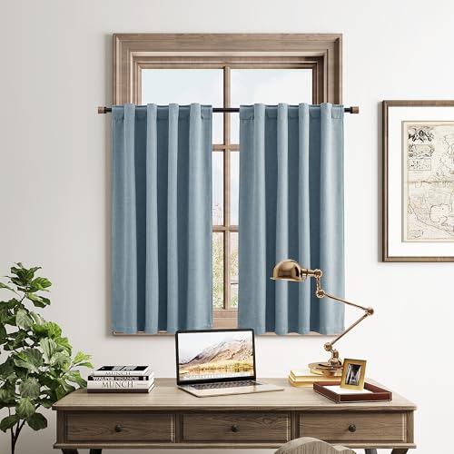 100% Blackout Kitchen Linen Curtains Back Tab Pleated Small Drape 36 Inch Length Privacy Thermal Insulated Elegant Mini Cafe Curtain for Rustic Farmhouse Bathroom Bedroom Blue 26x36 - color: Blue, size: 26"W x 36"L (Pack of 2)