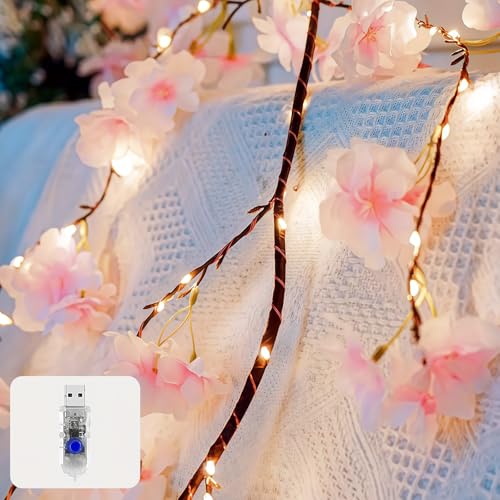 100 LED Cherry Blossom Lights, 5.9ft Fairy Lights for Bedroom, 8 Flashing Modes Cherry Blossom Branches, for Mantel, Wedding, Party and Christmas Decoration.