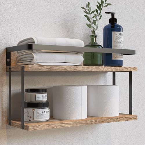 RICHER HOUSE Floating Shelves Bathroom, Wall Mounted Shelf Over Toilet | Dual-Level, with Metal Guard-Rail, Organizers and Storage Shelf, Wall Shelf Decor for Bathroom, Kitchen, Rustic Wood - color: Rustic Wood, size: 2 in 1