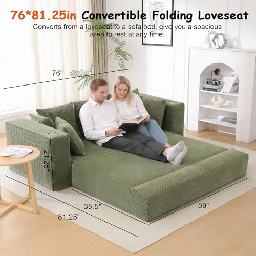 76" Convertible Sofa Bed, Corduroy Boneless Couch with Cup Holders & Pocket | 2-in-1 Sleeper Sofa, Pull-out Couch Bed with 5 Pillows, Living Room, Small Spaces, Bedroom, No Assembly - color: 76"light Green