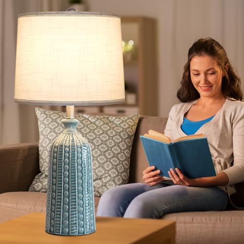 JUNNAI Green Ceramic Table Lamp 24.5": 3-Way Dimmable Nightstand Lamp with White Drum Lamp Shade | Modern Bedside Lamp for Bedrooms & Living Room (Bulb Included) - color: Blue Green