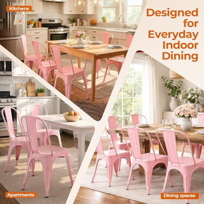 Metal Dining Chairs Set of 4 Fairy Pink Color | Pink 18inch Seat Height Kitchen Stackable Chairs for Farmhouse Bistro Patio Dining Room Outdoor - color: Fairy Pink