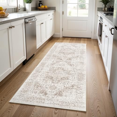 3x8 Washable Runner Rug: Vintage Medallion Kitchen Soft Rugs IvoryBeige | Non Slip Pet Friendly Water Resistant Low Pile Design Easy Clean Durable for Entryway Hallway and Indoor High Traffic Areas - color: Ivory/Beige, size: 3x8