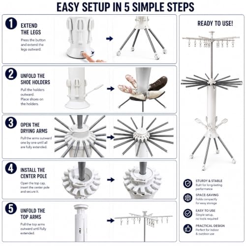 Foldable Clothes Drying Rack, Rotating Aluminum Laundry Rack, Portable Stand