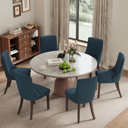 MALOL Wooden Dining Chairs Set of 6, Upholstered Kitchen & Dining Room Chairs with Solid Wood Legs Curved Backrest Farmhouse Accent Chair for Dining/Kitchen/Living Room, Blue - color: Blue, size: Set of 6