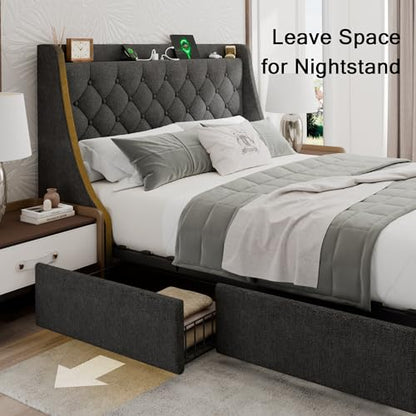 Einhomn Full Size Bed Frame with 4 Storage Drawers, Upholstered Bed Frame with Large Wingback Headboard, Charging Station, No Box Spring Needed, Dark Grey - color: Dark Gray, size: Full