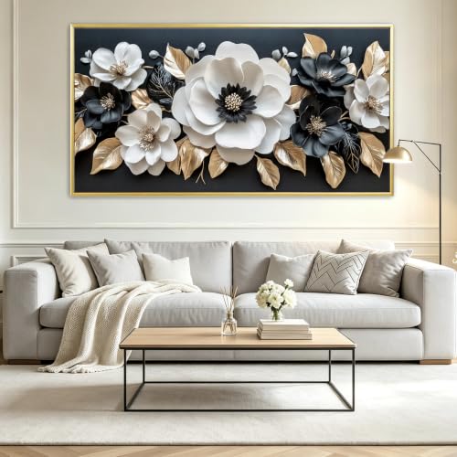 Large Luxury Black White Peony Wall Art Framed with Hooks, Big Bloom Floral Wall Decor 30"x60" - color: Black and White Flower, size: 147L x 73W cm