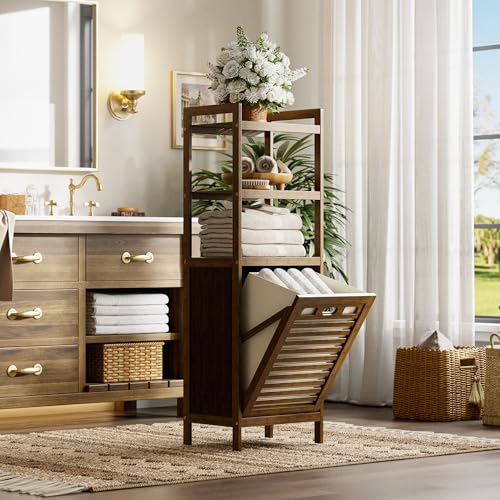 HITNET Bamboo Tilt Out Laundry Hamper, Bathroom Storage Cabinet with Hidden Removable Basket and 3 Open Shelves, Space Saving Bamboo Storage for Clothes, Towels and Toys, Walnut - color: Walnut