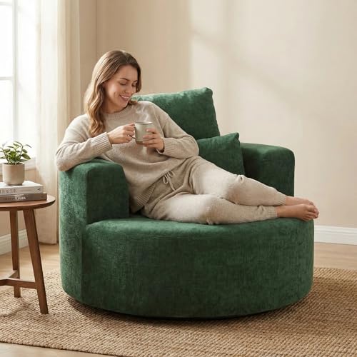 Furnimart 360° Swivel Oversized Barrel Chair, Chenille Upholstered Round Accent Chair with High Density Sponge, No Assembly Lazy Sofa for Living Room Bedroom Office (Green) - color: Chenille Green