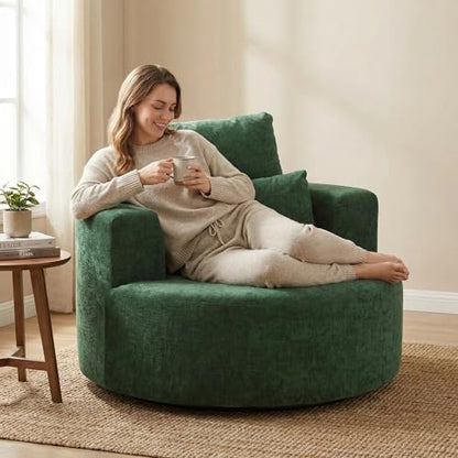 Furnimart 360° Swivel Oversized Barrel Chair, Chenille Upholstered Round Accent Chair with High Density Sponge, No Assembly Lazy Sofa for Living Room Bedroom Office (Green) - color: Chenille Green