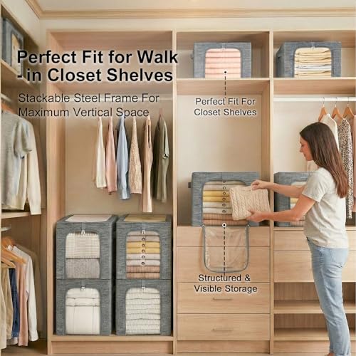 GoMaihe Baby Clothes Storage Bins with Metal Frame 27L 6-Pack Grey | Kids Toddler Child Clothing & Towels Small Items, Closet Top Shelf Boxes, Collapse-Proof Stackable, Clear Window Dual Access - color: Gray, size: 27L