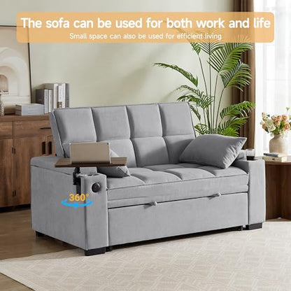 66" Multi-Functional Pull-Out Sofa Bed with Hidden Side Table, Storage Armrests, Built-in Charging Port, Spring Mattress, Solid Wood Frame – Ideal for Small Spaces, Easy Assembly - color: 1007-grey