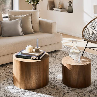 Nesting Coffee Table Set of 2, Walnut Round Wooden Coffee Tables Modern Circle Table for Small Space Living Room Bedroom Accent End Side Table (Walnut-Round) - color: 18.9" Walnut