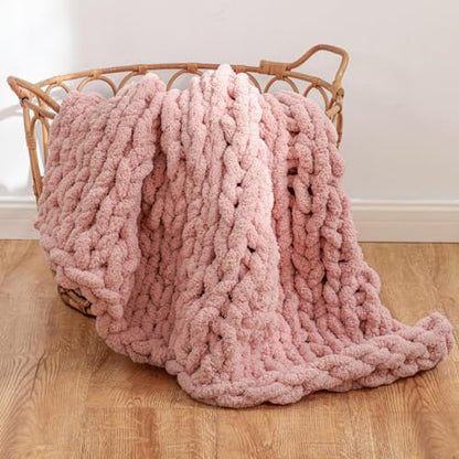 WESHIONGOO Chunky Knit Blanket Throw for Couch Bed 40"×40" Pink | 100% Handmade Knitted Throw blankets Fluffy Soft Blanket With Jumbo Chenille Yarn Thick - color: Pink, size: 40"x40"(Small Size Throw)