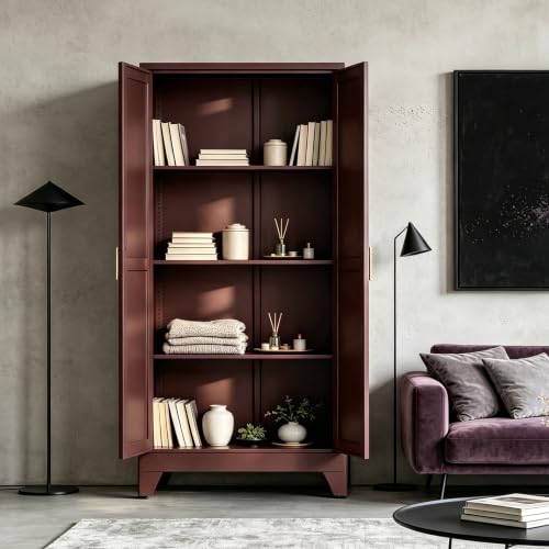 61"H Pantry Kitchen Cabinet with Doors,Black Storage Cabinets,Freestanding Pantry Cabinet,Farmhouse Food Storage Cabinets,Tall and Large Pantry Cabinets for Kitchen, Dining Room, Living Room - color: Maroon, size: 61"H