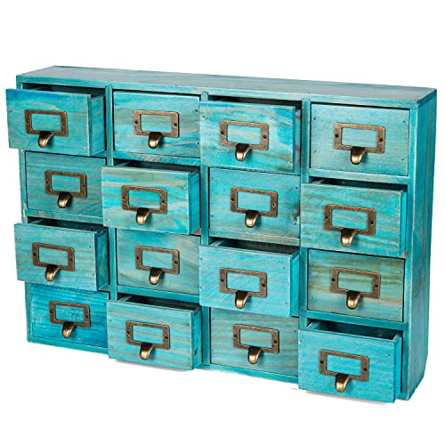 Teal 16-Slot Wooden Drawer Unit - Country Style Desk Organizer Box - 20"x3.6”x14” Wooden Storage Box w/ 16 Drawers - Countertop Drawers w/Label Holder & Handle - Slim 4-Level Desk Organizer - color: 16 Drawer Turquoise Teal