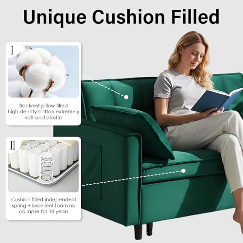 3 in 1 Convertible Sleeper Sofa Bed, Velvet Loveseat Futon Pull-Out Couch with Adjustable Reclining Backrest, Side Pockets and Pillows for Living Room, Bedroom, Apartment, Small Spaces (Green-Velvet) - color: Green-velvet